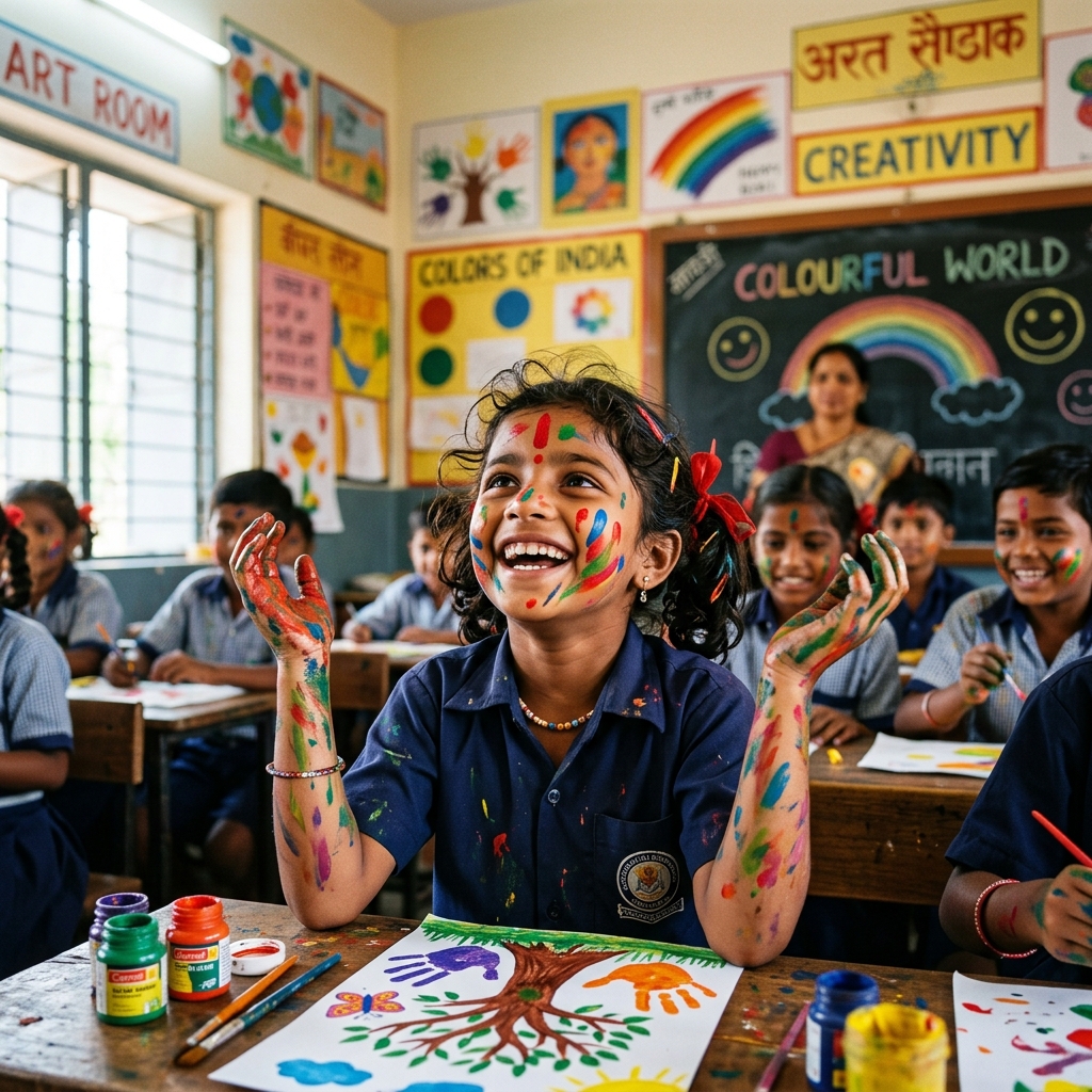 Indian girl doing art with paint